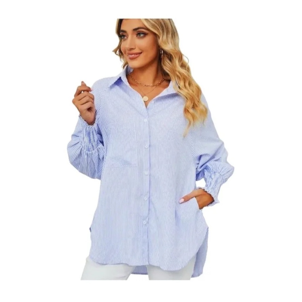 Blue Striped Button Down Blouse - image 1